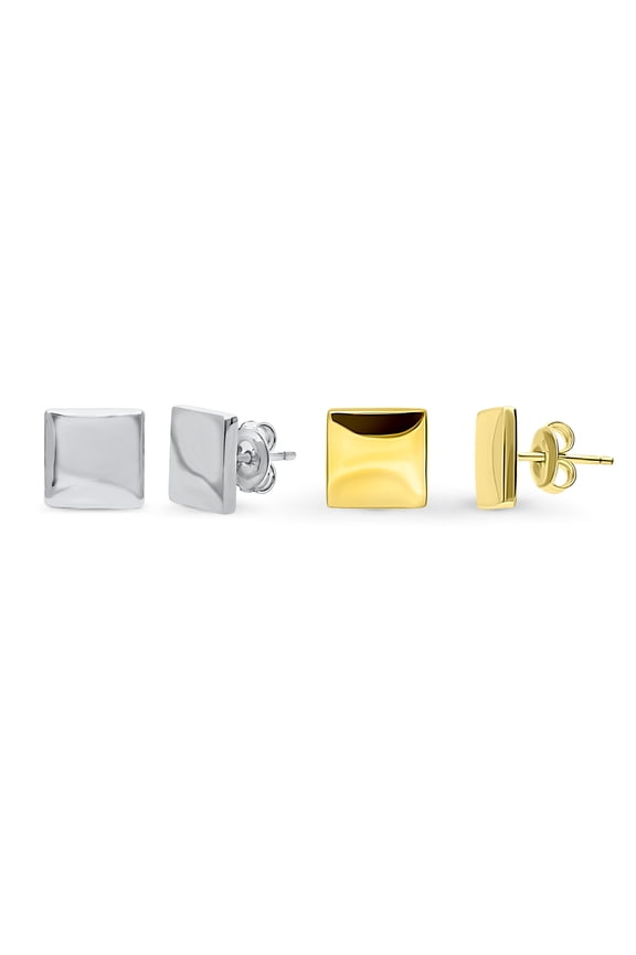 Sterling Silver Square Fashion Stud Earrings for Unisex, Rhodium Plated and Yellow Gold Flashed, 2 Pairs