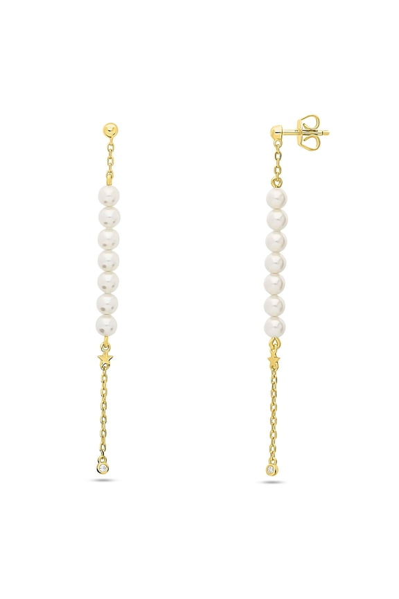 Sterling Silver Star Imitation Pearl Ball Bead Fashion Dangle Drop Earrings for Women, Yellow Gold Flashed