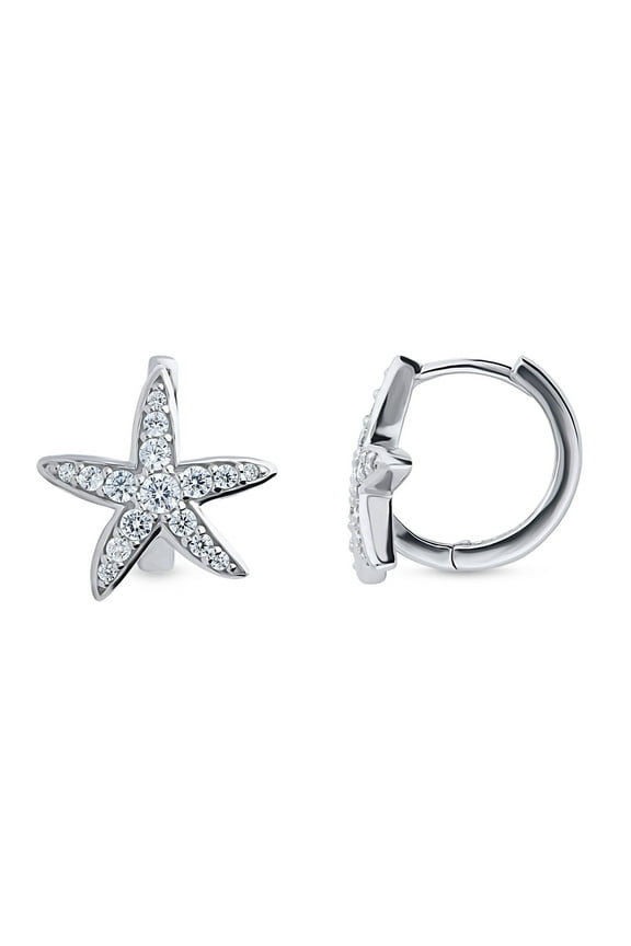 Sterling Silver Starfish Cubic Zirconia CZ Small Fashion Hoop Huggie Earrings for Women, Rhodium Plated 0.5 inch