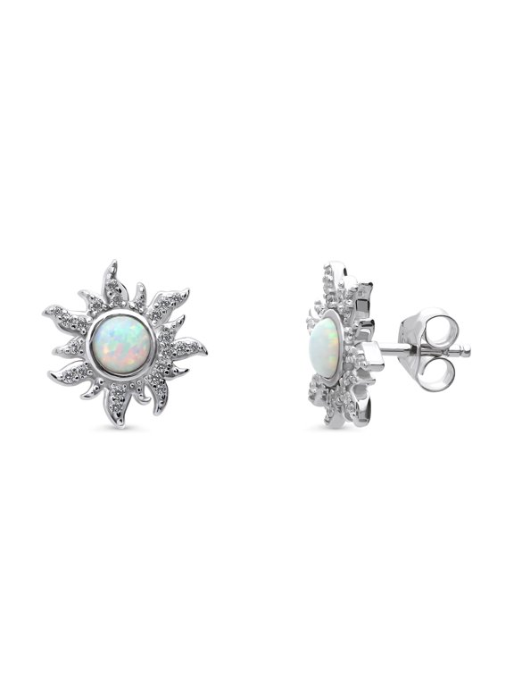Sterling Silver Sun Simulated Opal Cubic Zirconia CZ Sunburst Fashion Stud Earrings for Women, Rhodium Plated
