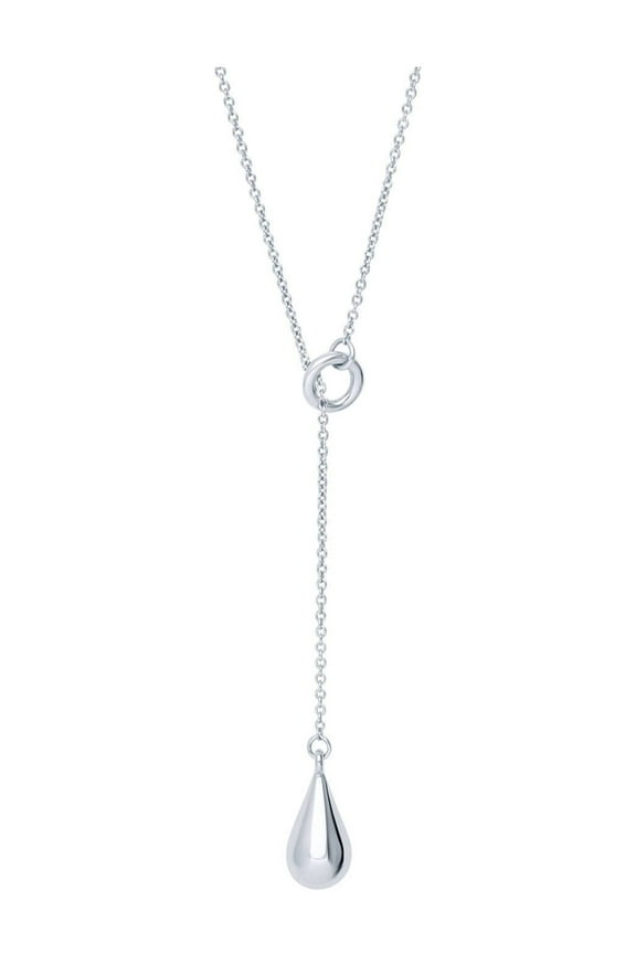Sterling Silver Teardrop Lariat Necklace for Women, Rhodium Plated 16 inch