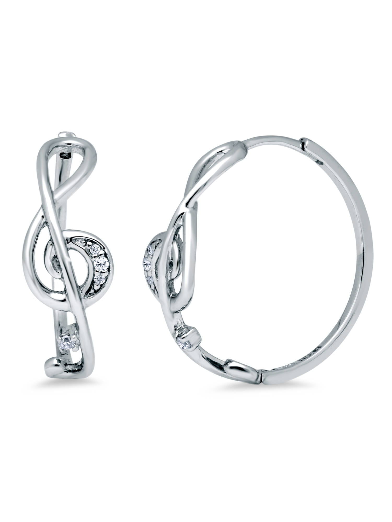 BERRICLE Sterling Silver Treble Clef Music Note Cubic Zirconia CZ Medium Fashion Hoop Earrings for Women, Rhodium Plated 0.9 inch