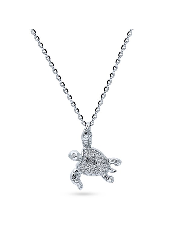 Sterling Silver Turtle Cubic Zirconia CZ Fashion Pendant Necklace for Women, Rhodium Plated 18 inch