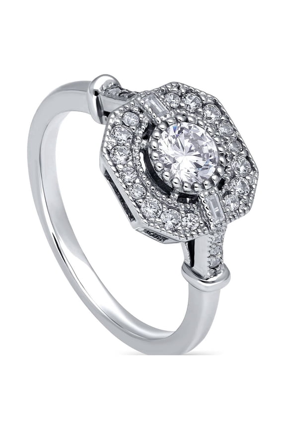 Sterling Silver Vintage Inspired Art Deco Cubic Zirconia CZ Fashion Ring for Women, Rhodium Plated Size 4.5