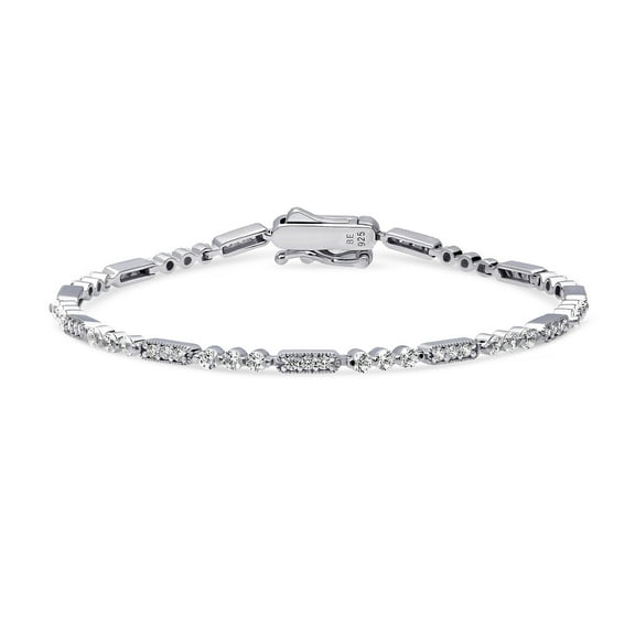 BERRICLE Sterling Silver Vintage Inspired Art Deco Cubic Zirconia CZ Milgrain Fashion Chain Bracelet for Women, Rhodium Plated, 7 inch