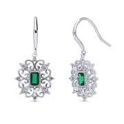 BERRICLE Sterling Silver Vintage Inspired Art Deco Green Cubic Zirconia CZ Filigree Fish Hook Dangle Drop Earrings for Women, Rhodium Plated