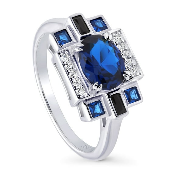 BERRICLE Sterling Silver Vintage Inspired Art Deco Simulated Blue Sapphire Cubic Zirconia CZ Fashion Ring for Women, Rhodium Plated Size 5