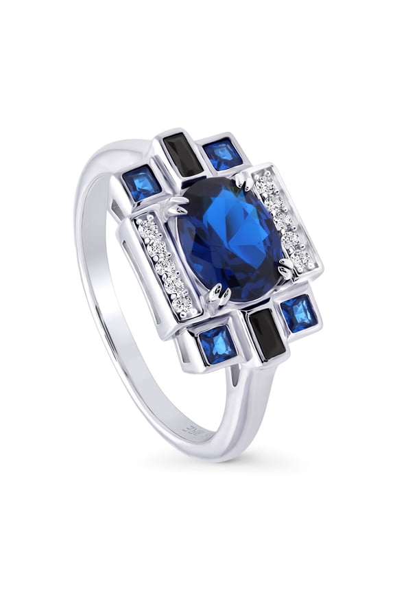 Sterling Silver Vintage Inspired Art Deco Simulated Blue Sapphire Cubic Zirconia CZ Fashion Ring for Women, Rhodium Plated Size 7