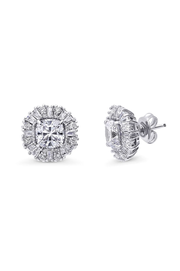 Sterling Silver Vintage Inspired Art Deco Wedding Cubic Zirconia CZ Halo Anniversary Stud Earrings for Women, Rhodium Plated
