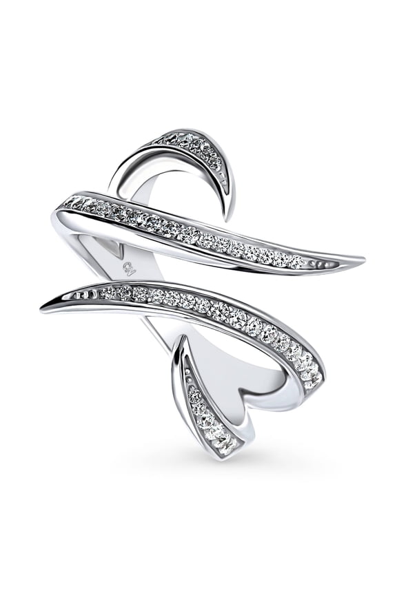 Sterling Silver Wave Cubic Zirconia CZ Cocktail Fashion Ring for Women, Rhodium Plated Size 5