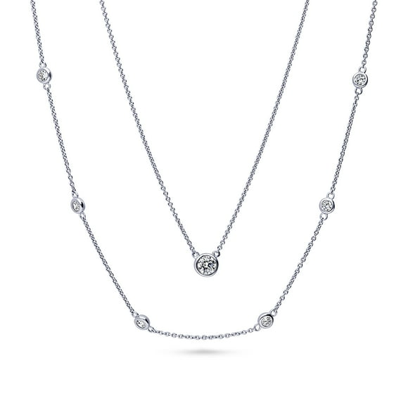 Sterling Silver Wedding 0.45 Carat Bezel Set Cubic Zirconia CZ by Yard Statement Solitaire Anniversary Pendant Station Necklace for Women, Rhodium Plated