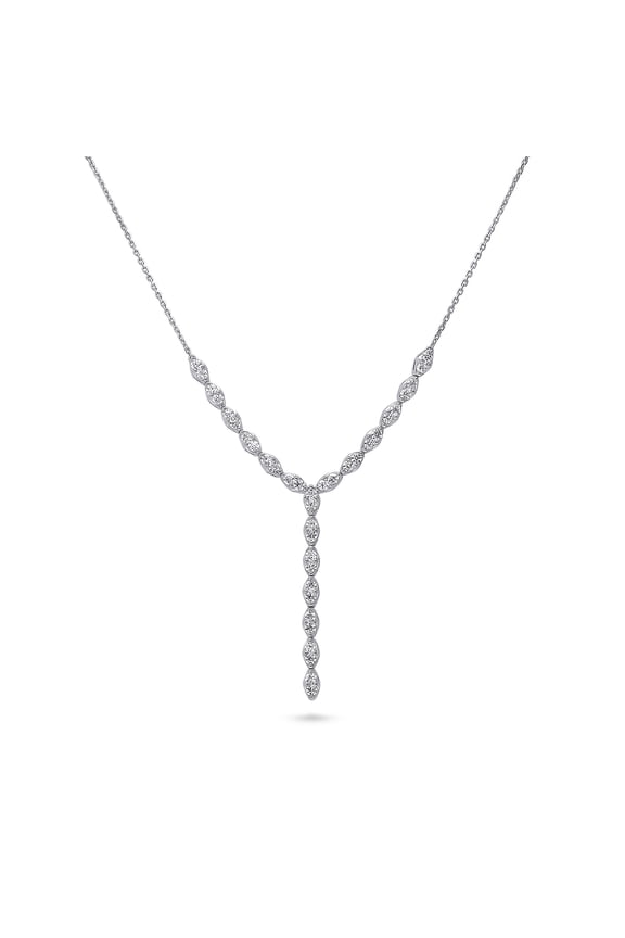 Sterling Silver Wedding Cubic Zirconia CZ Statement Lariat Necklace for Women, Rhodium Plated 17 inch