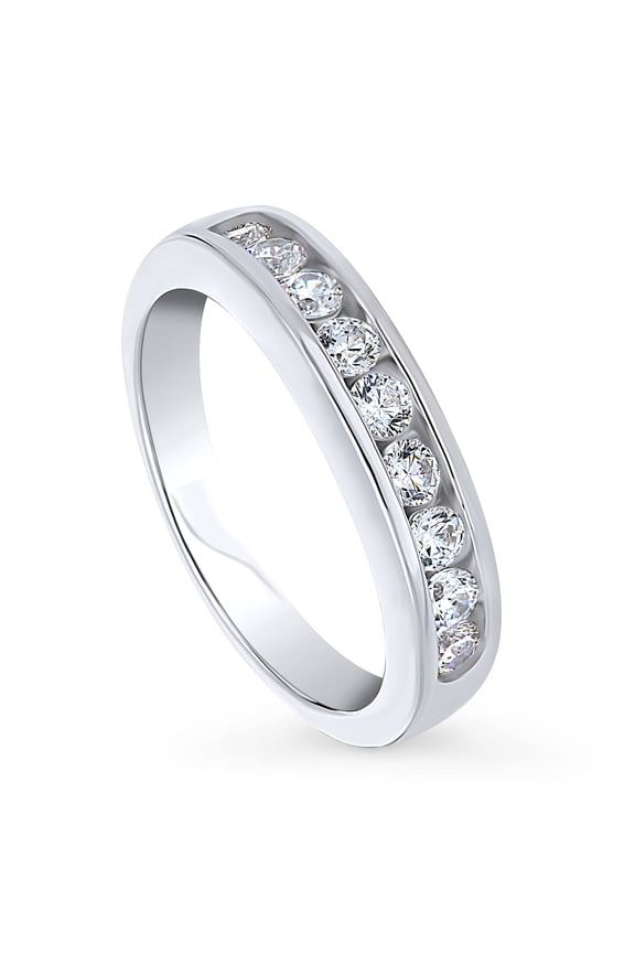 Sterling Silver Wedding Rings Channel Set Round Cut Cubic Zirconia CZ Anniversary Curved Half Eternity Ring for Women, Rhodium Plated Size 6