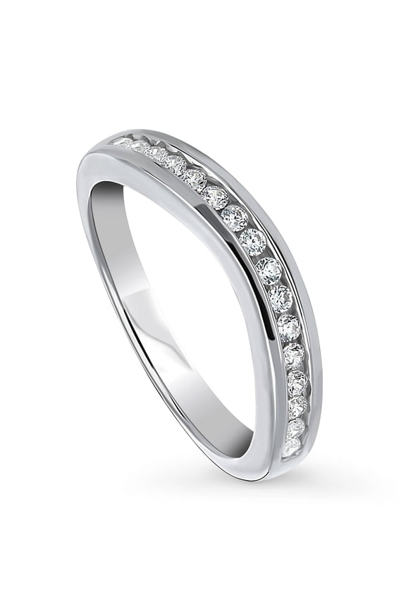 Sterling Silver Wedding Rings Channel Set Round Cut Cubic Zirconia CZ Curved Half Eternity Ring for Women, Rhodium Plated Size 8