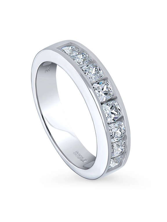 Sterling Silver Wedding Rings Channel Set Cushion Cut Cubic Zirconia CZ Anniversary Half Eternity Ring for Women, Rhodium Plated Size 9