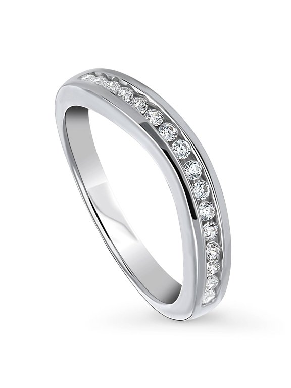 Sterling Silver Wedding Rings Channel Set Round Cut Cubic Zirconia CZ Curved Half Eternity Ring for Women, Rhodium Plated Size 5