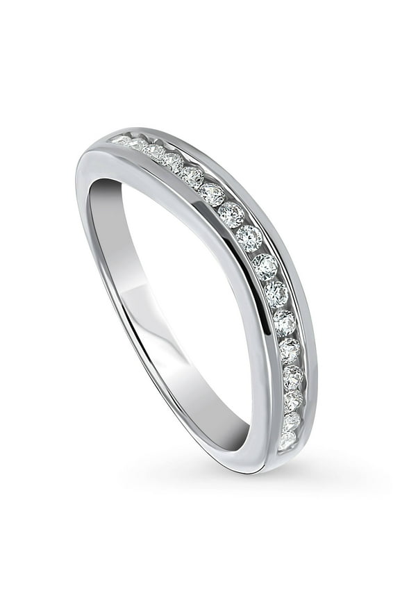 Sterling Silver Wedding Rings Channel Set Round Cut Cubic Zirconia CZ Curved Half Eternity Ring for Women, Rhodium Plated Size 6.5