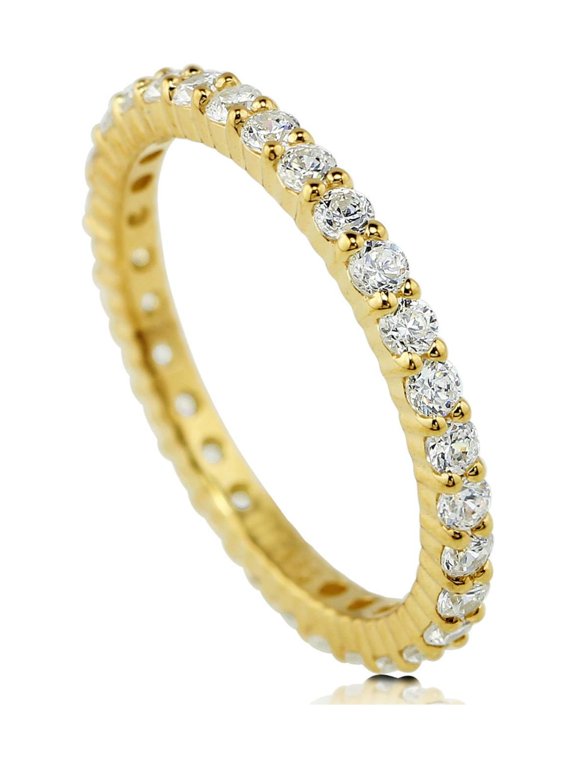 Sterling Silver Wedding Rings Pave Set Round Cut Cubic Zirconia CZ Anniversary Eternity Ring for Women, Yellow Gold Flashed Size 10