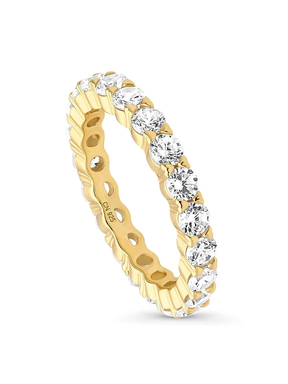 Sterling Silver Wedding Rings Pave Set Round Cut Cubic Zirconia CZ Anniversary Eternity Ring for Women, Yellow Gold Flashed Size 5