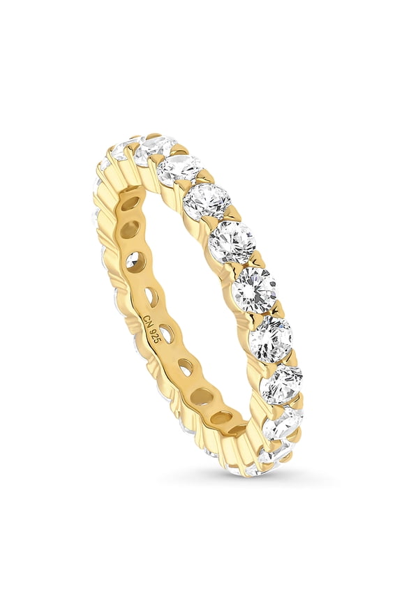 Sterling Silver Wedding Rings Pave Set Round Cut Cubic Zirconia CZ Anniversary Eternity Ring for Women, Yellow Gold Flashed Size 8
