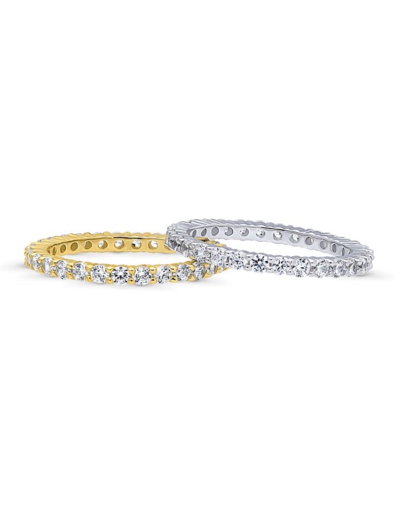Sterling Silver Wedding Rings Pave Set Round Cut Cubic Zirconia CZ Eternity Ring Set for Women, Rhodium Plated and Yellow Gold Flashed Size 4