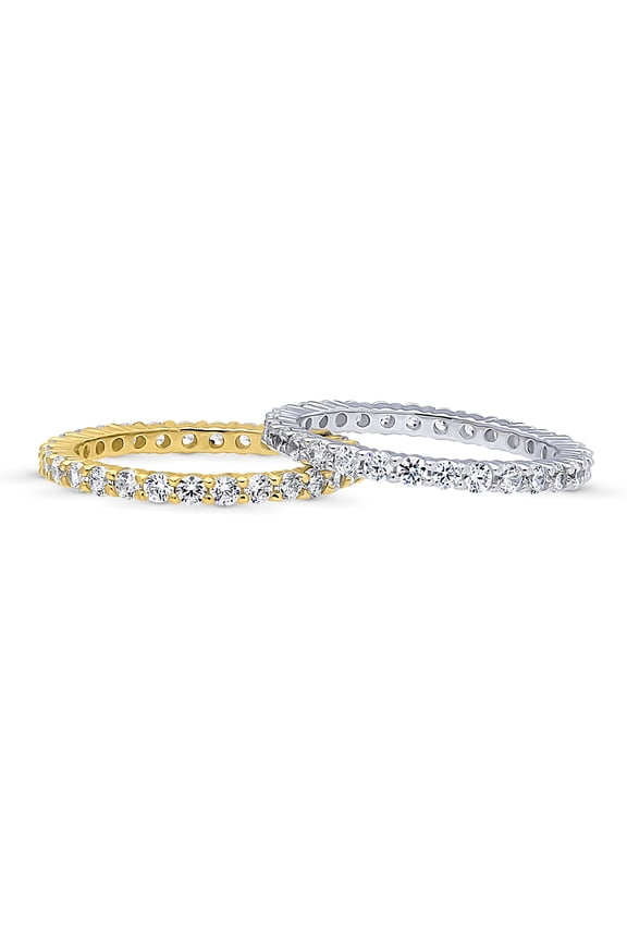 Sterling Silver Wedding Rings Pave Set Round Cut Cubic Zirconia CZ Eternity Ring Set for Women, Rhodium Plated and Yellow Gold Flashed Size 4