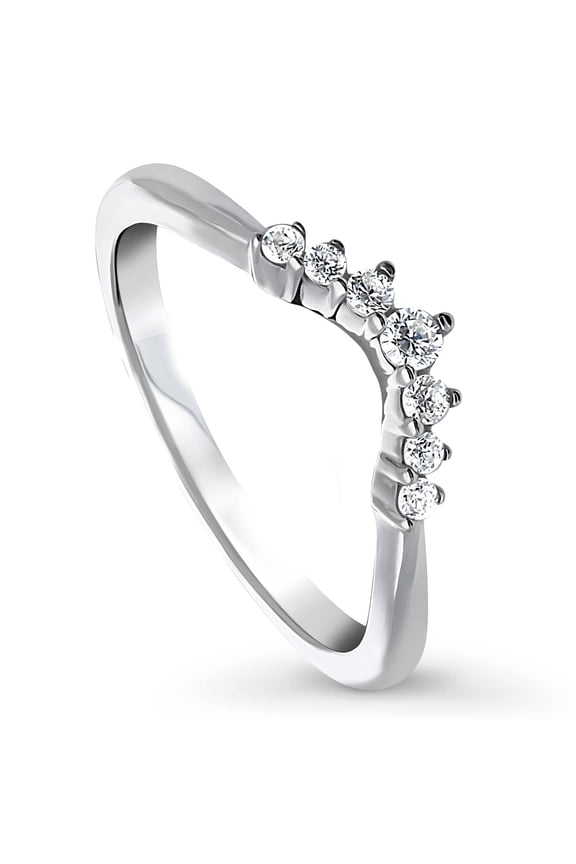 Sterling Silver Wishbone Wedding Rings Cubic Zirconia CZ 7-Stone Curved Band for Women, Rhodium Plated Size 7