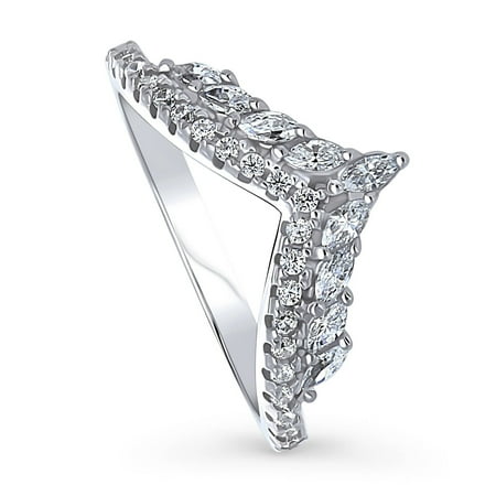 BERRICLE Sterling Silver Wishbone Wedding Rings Cubic Zirconia CZ Chevron Anniversary Curved Half Eternity Ring for Women, Rhodium Plated Size 10