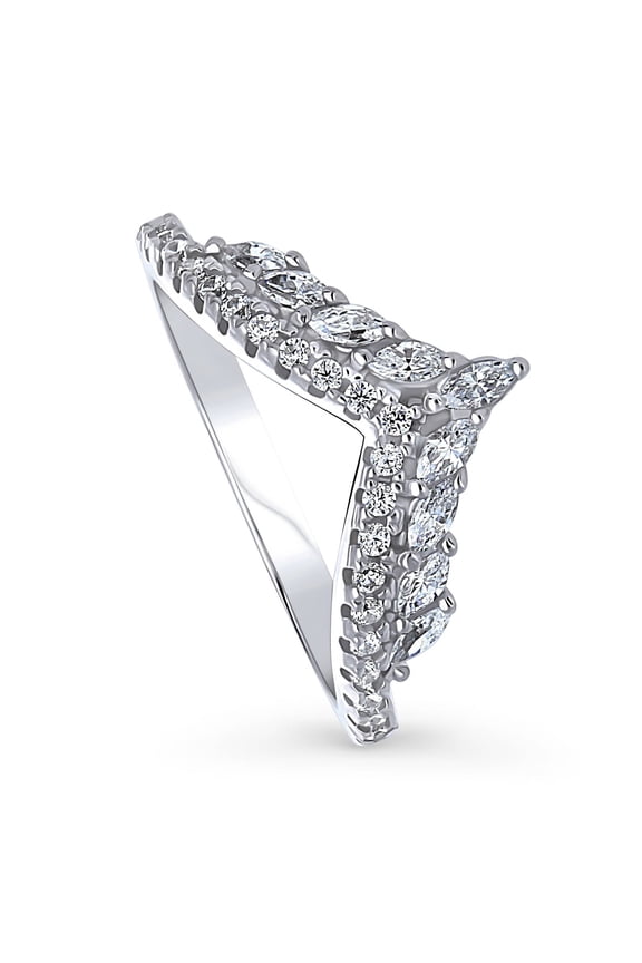 Sterling Silver Wishbone Wedding Rings Cubic Zirconia CZ Chevron Anniversary Curved Half Eternity Ring for Women, Rhodium Plated Size 7.5