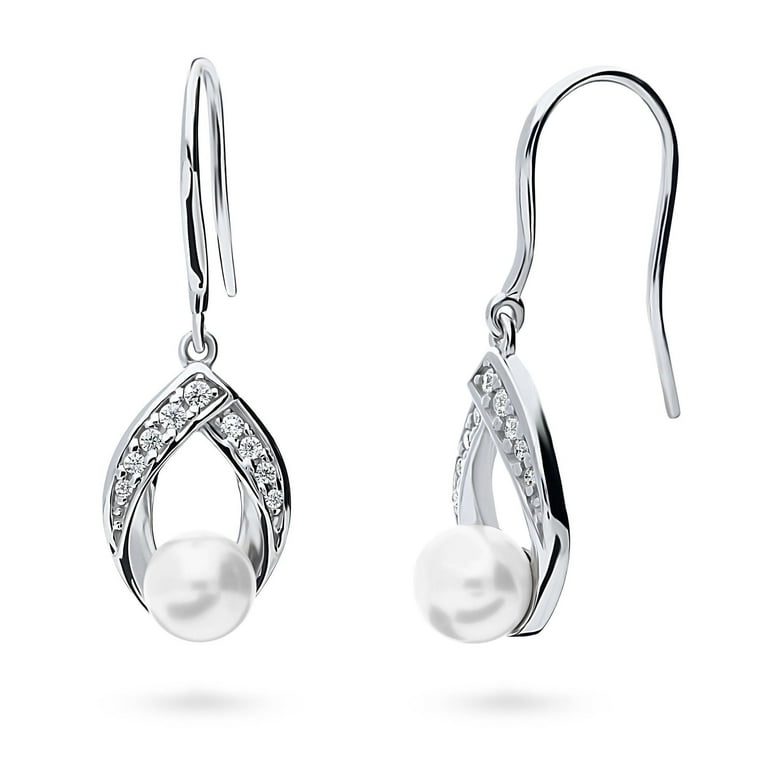 BERRICLE Sterling Silver Woven Imitation Pearl Fish Hook Dangle Drop  Earrings for Women, Rhodium Plated
