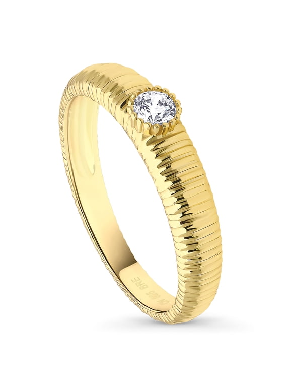 Yellow Gold Flashed Sterling Silver Solitaire Engagement Promise Rings for Her, Milgrain Bezel Set Round Cut Cubic Zirconia CZ Ring Size 6