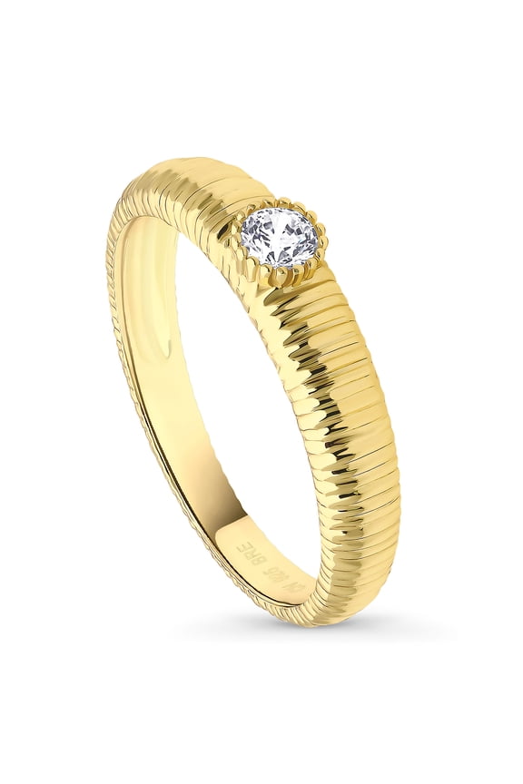 Yellow Gold Flashed Sterling Silver Solitaire Engagement Promise Rings for Her, Milgrain Bezel Set Round Cut Cubic Zirconia CZ Ring Size 7