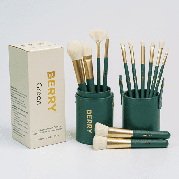 BERRY GOODS 12-Piece Makeup Brush Set with Microcrystalline Silk Fibers Ultra-Soft, Vegan & Cruelty-Free Face & Eye Brushes with Travel Case (BERRY Green)