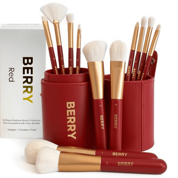 BERRY GOODS 12-Piece Makeup Brush Set with Microcrystalline Silk Fibers  Ultra-Soft, Vegan & Cruelty-Free Face & Eye Brushes with Travel Case (BERRY Red)