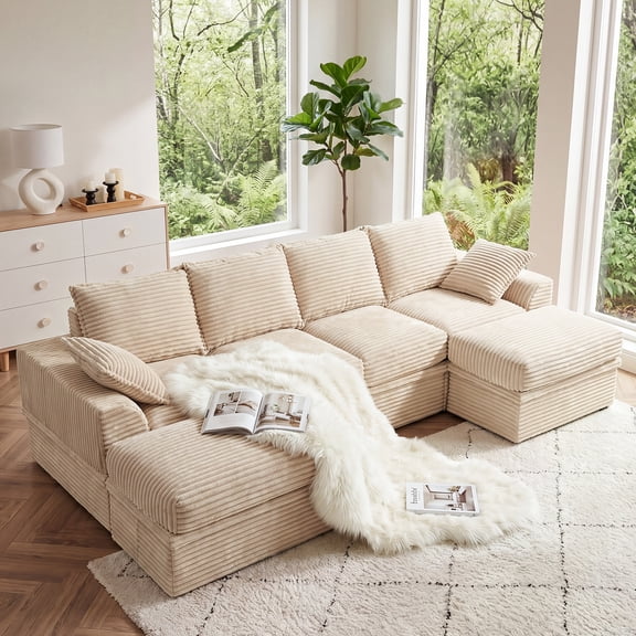 BERRY NEST 107" Modular Sectional Sofa with Hidden Storage, U Shaped Cloud Couch with High Back Support, 3-Seater Boneless Couch with Movable Ottomans,Deep Seat Corduroy Sofa, No Assembly, Beige