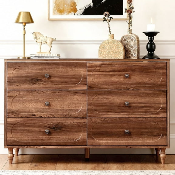 BERRY NEST 6 Drawer Dresser for Bedroom, 47" Wide Mid-Century Chest of Drawers with Solid Wood Legs, Dark Walnut Wood Dresser with 6 Storage Drawers for Bedroom, Living Room, TV Stand