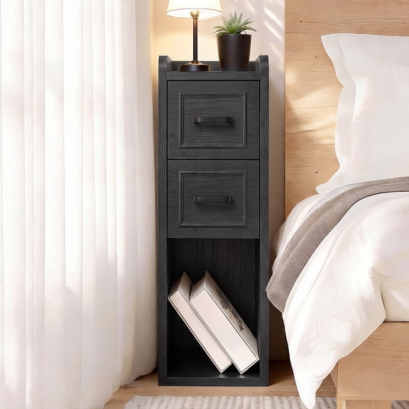 BERRY NEST Narrow Black Nightstand, Wood Slim Bedside Tables for Small Bedroom, Modern End Table with Drawers, Perfect for Apartments, Rente