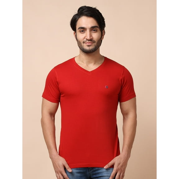 BERRYBLUES Solid Men V Neck Red T-Shirt