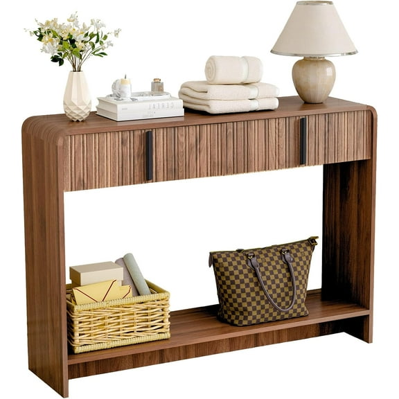 BERRYMERRY 43.3” Fluted Console Table with Drawer,Mid Century Entryway Table with Bottom Shelf for Living Room,Hallway,Entrance (Brown, 11.8" D × 43.3" W × 31.5" H)