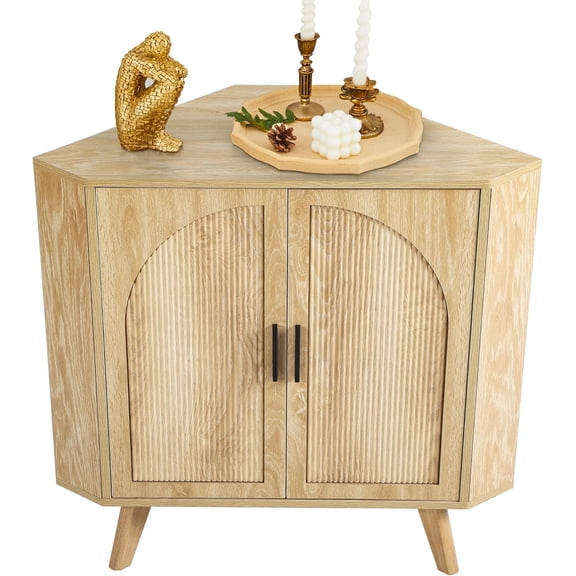 BERRYMERRY Fluted Corner Cabinet with Storage,Space Saving Corner Floor Cabinet with Adjustable Shelve & Arched Profile Door for Living Room Kitchen Bathroom (Light Wood, 15.7”D x 31.5”W x 30.7”H)