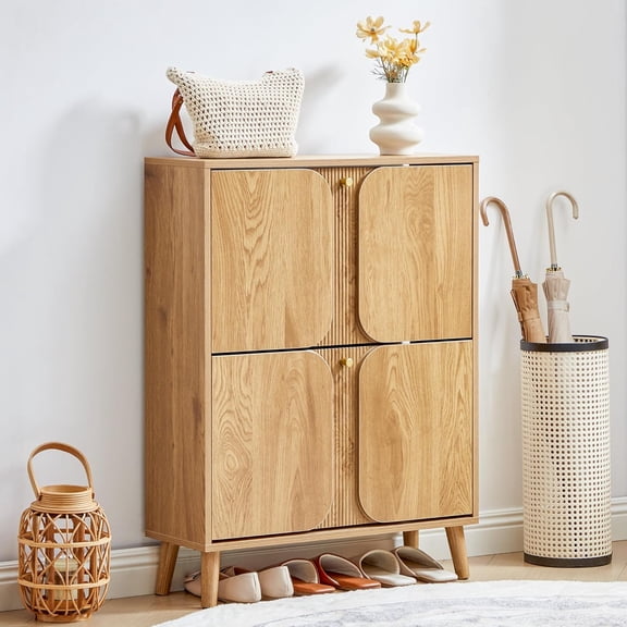 BERRYMERRY Shoe Cabinet with 2 Flip Drawers, 27.6" Hidden Shoe Storage Cabinet with Fluted Recessed Design, Freestanding Shoe Organizer Rack for Entryway, Hallway, Living Room (Natural)