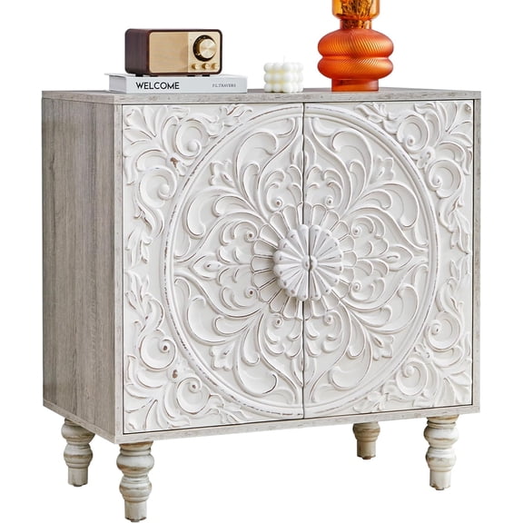 BERRYMERRY Vintage Accent Storage Cabinet with Storage,French Style Sideboard Buffet Cabinet with 2 Flower Carved Doors & Distressed Design for Living Room,Hallway,Dining Room (White 1)