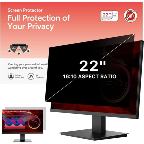 BERSEM 22 Inch Monitor Privacy Screen Filter, 16:10 Widescreen, Removable Anti-Glare, Anti-Spy, Anti Blue Light, UV-Blocking Protector
