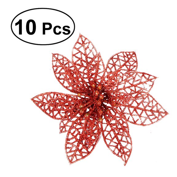 BERTDOMD 10pcs Red Artificial Christmas Flowers Plastic Decorative Flowers for Christmas Tree Holiday Decor