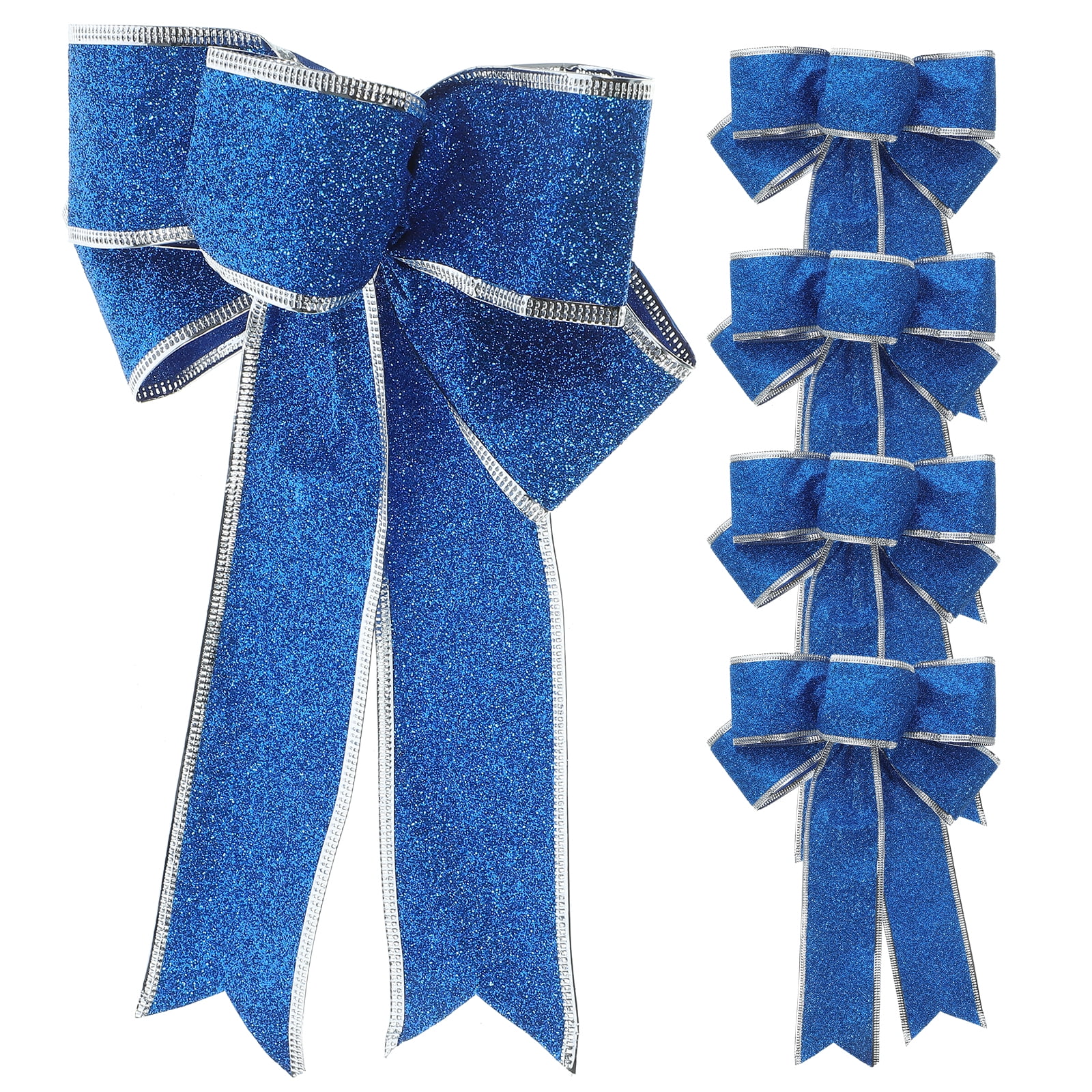 BERTDOMD 15 pcs /Pack Glittering Fabric Christmas Ribbon Bow Gift Knot Ribbon Ornaments for Christmas Tree Presents Decoration(Blue)