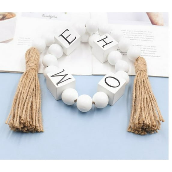 EXHUMKY BERTDOMD White Wooden Beaded Rope Tassel Boho Rustic Home Decor for Living Room