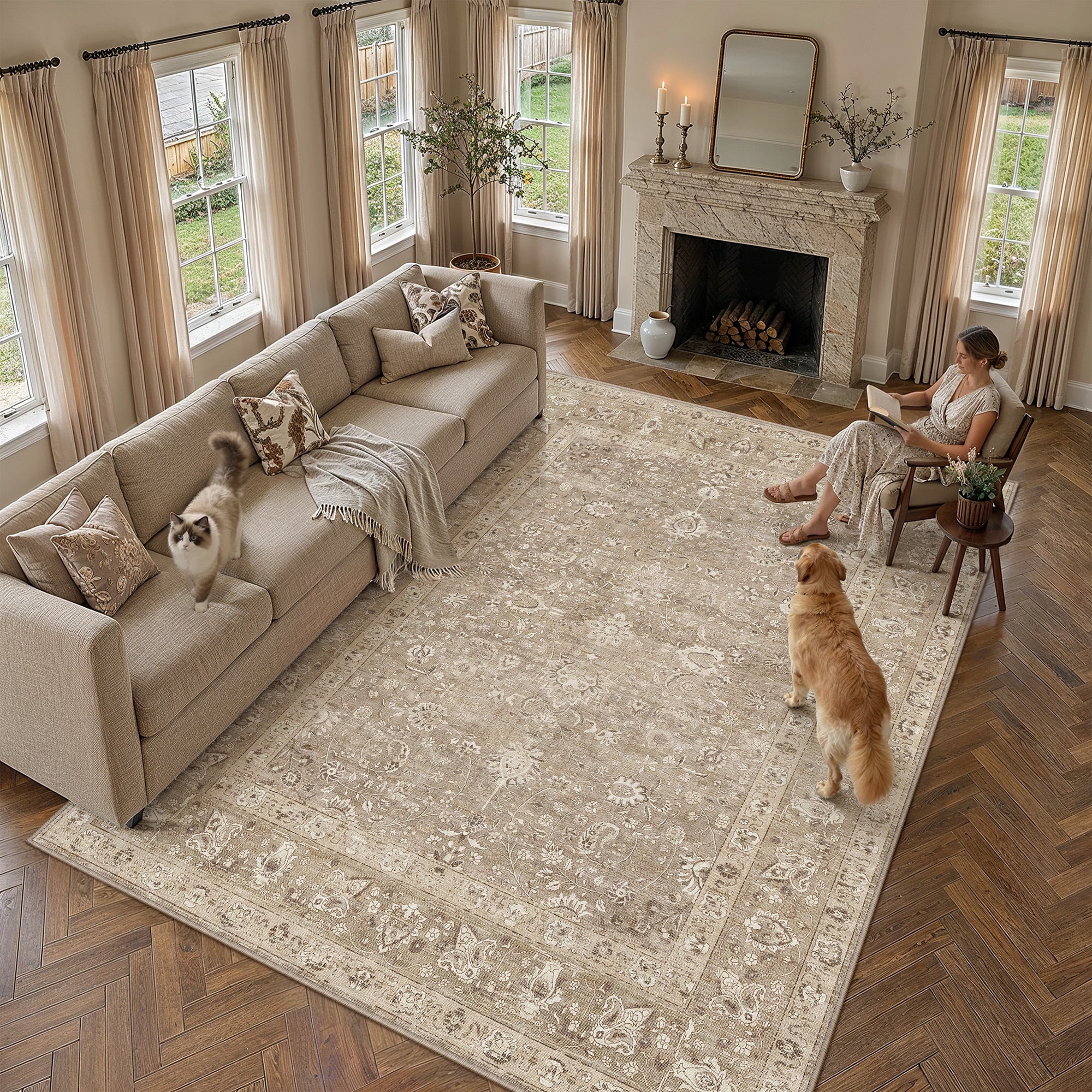 berthmeer 10'ã—14' large area rugs for living room bedroom dining room office oriental floral vintage farmhouse machine washable non-slip traditional distressed carpets, brown