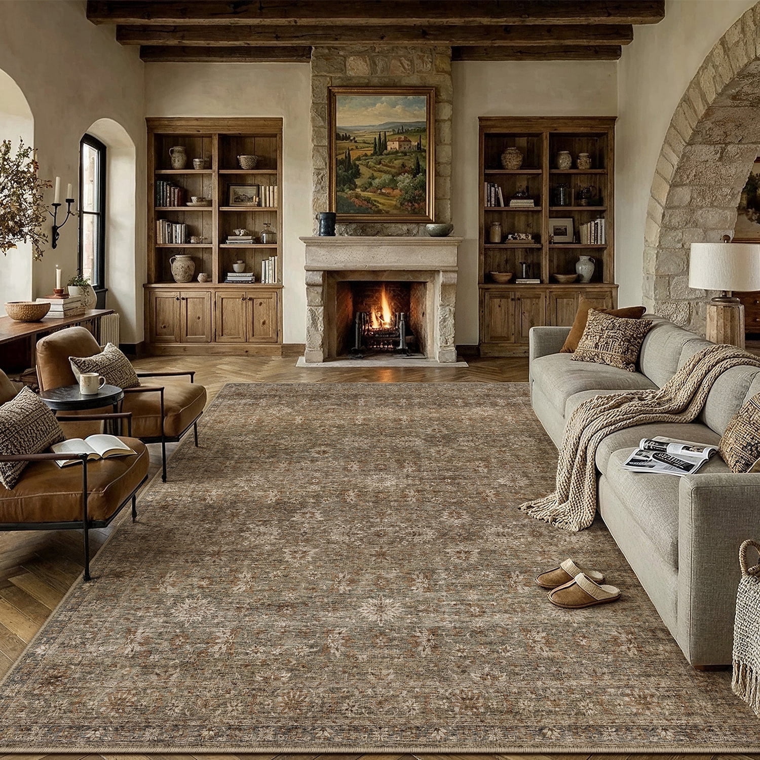 berthmeer 10'x14' large area rugs for living room bedroom dining room office oriental floral vintage farmhouse machine washable non-slip traditional distressed carpets, brown