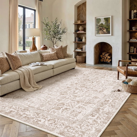 BERTHMEER 10'x12' Area Rugs for Living Room Dining Room Bedroom Farmhouse Office Large Rug Distressed Vintage Washable Traditional Non Slip Brown Rugs Carpets