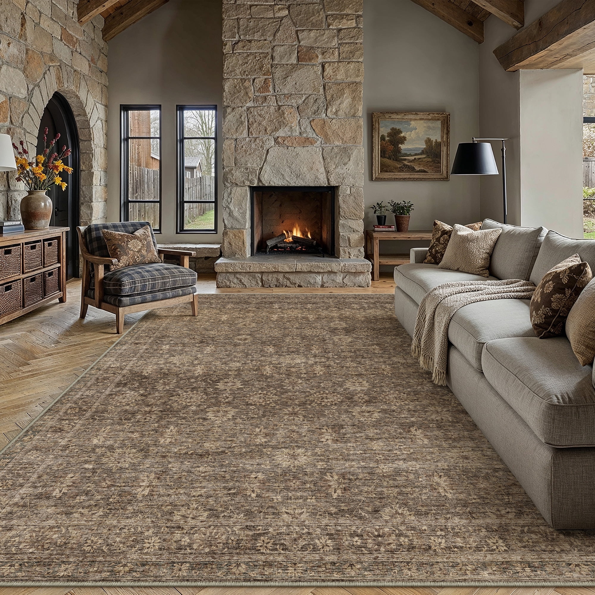 BERTHMEER 10'x12' Area Rugs for Living Room Dining Room Bedroom Farmhouse Office Washable Non Slip Large Indoor Rugs Oriental Vintage Traditional Carpets,Golden Brown
